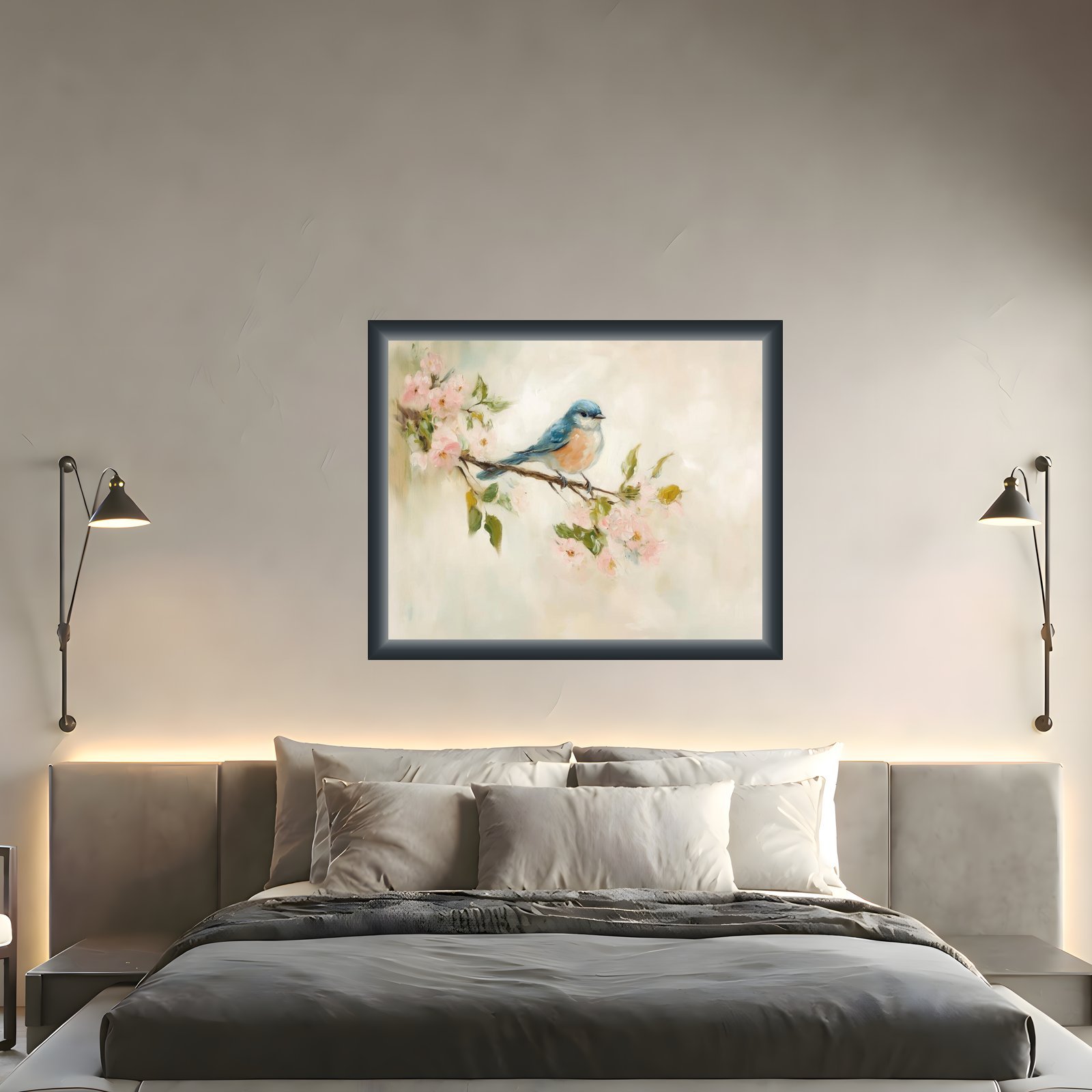 Bluebird artwork with a frame variation in an Industrial bedroom